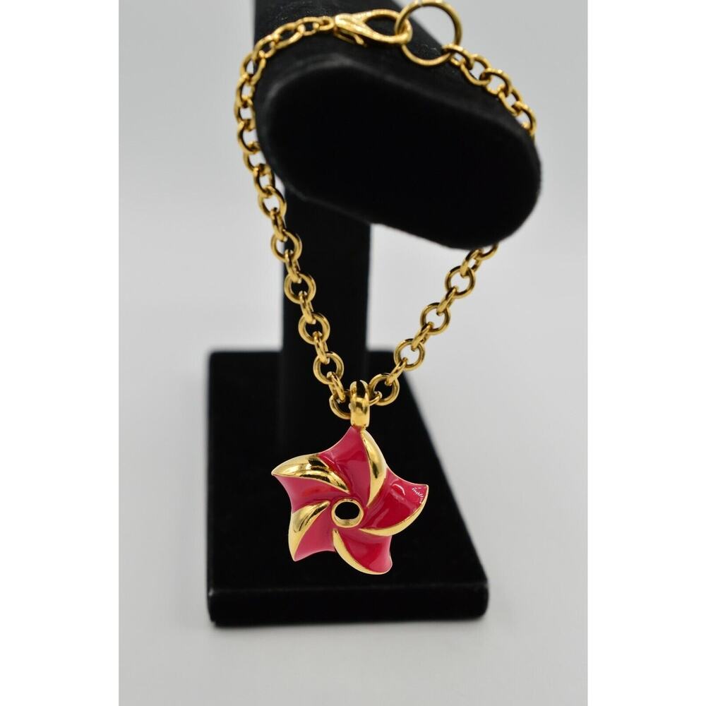 Vintage Pinwheel Charm Bracelet Linked Gold Pink Brushed Enamel Heavy 80s BinD
